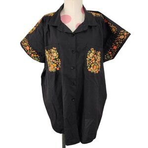 Women's Black Floral Embroidered Button Down Blouse Plus Size Shirt Top Pretty